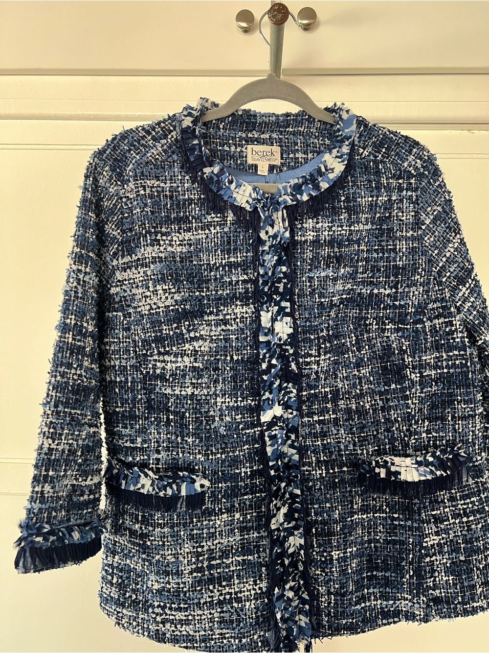 berek Blue and White Tweed Fringed Open Jacket